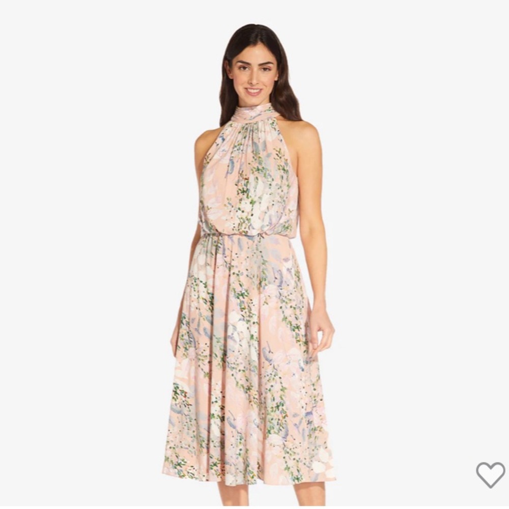 Adriana Papell Floral Mock Neck Midi length dress, Blush Floral, Size 8